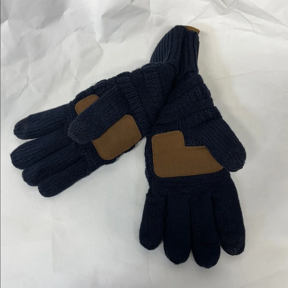 C.C navy  Knit smart tips touch screen compatible winter leather palm Gloves